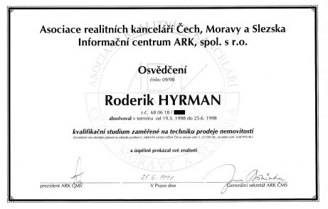 Roderik Hyrman - realitni makler - umimereality.cz - Osvedceni odborne zpusobilosti